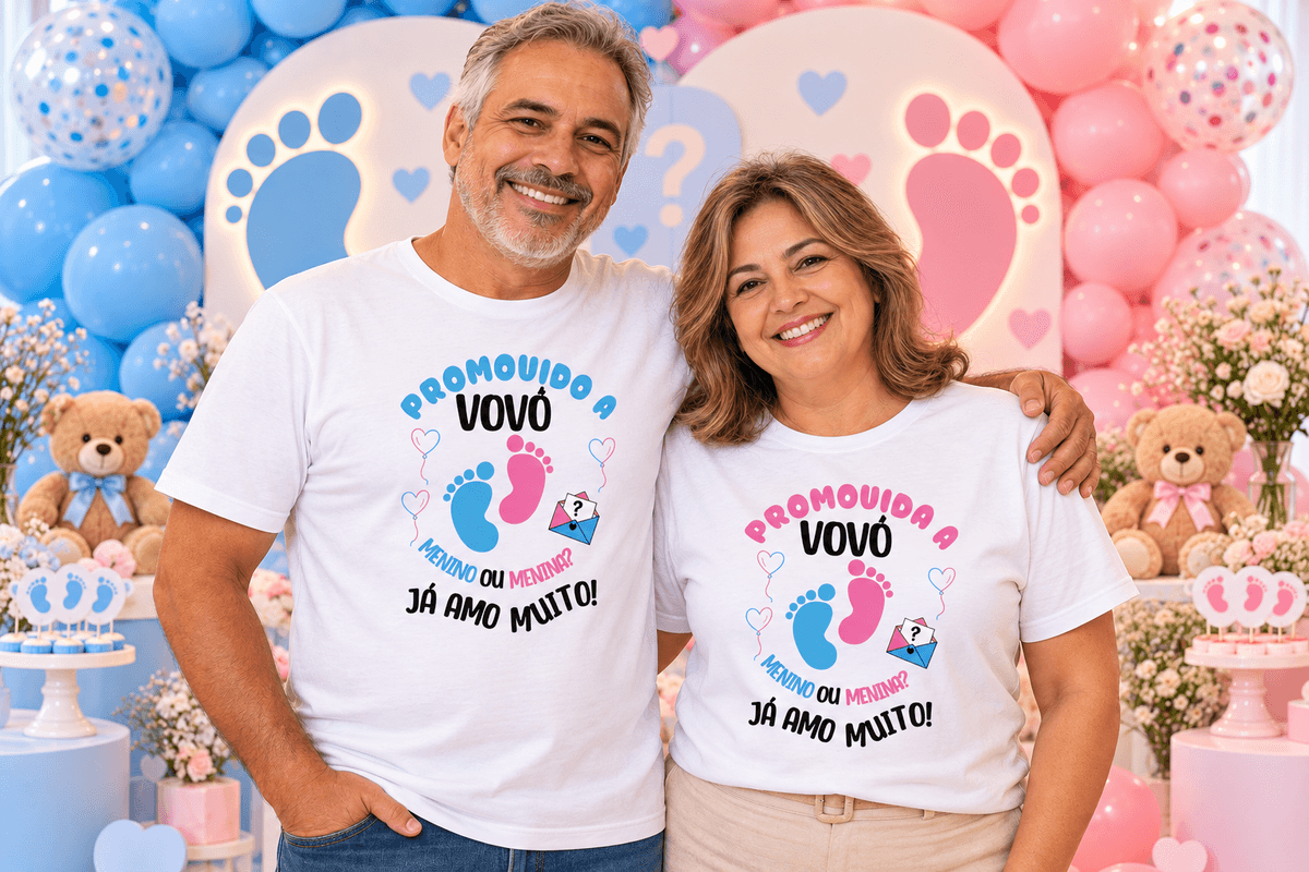 Camisas promovido a vovô e promovida a vovó pezinhos azul e rosa